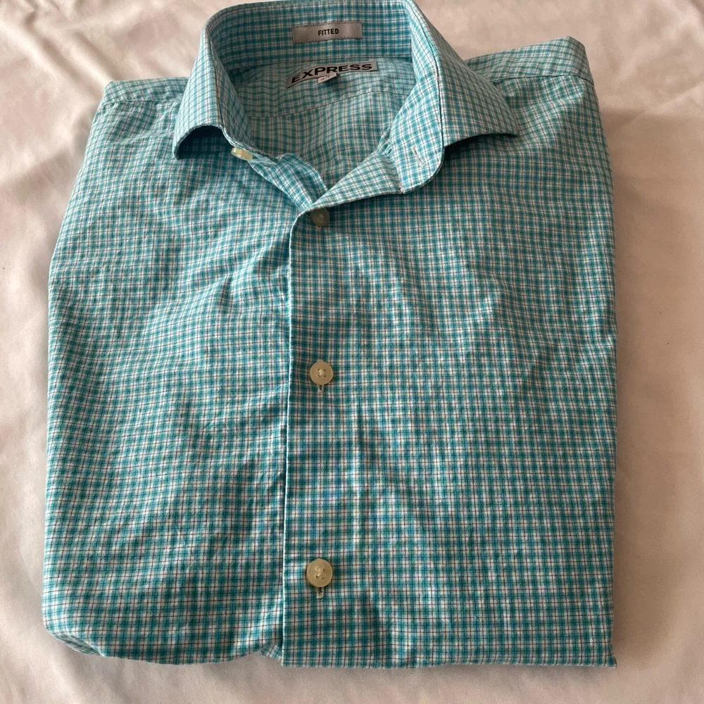 Express Turquoise & White Plaid Men’s Long-Sleeved Shirt, Sz M - Picture 3 of 6